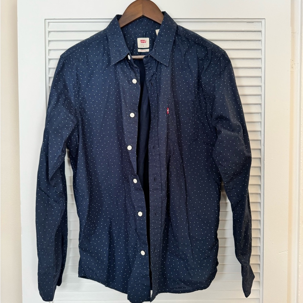 Levi's Dark Blue Button Down Casual Dress Shirt with Light Polkadots